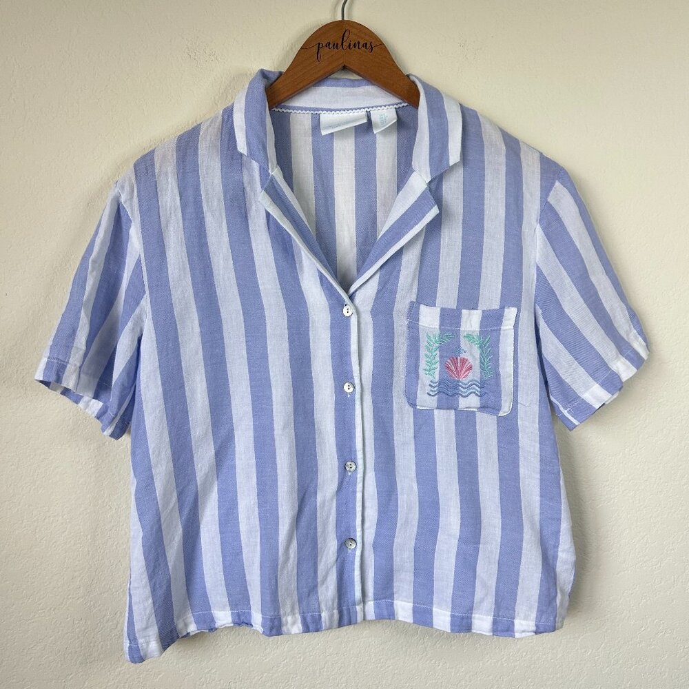 Cynthia Rowley Shirt Womens Small Blue Striped Embroidered Nautical Shell Top S